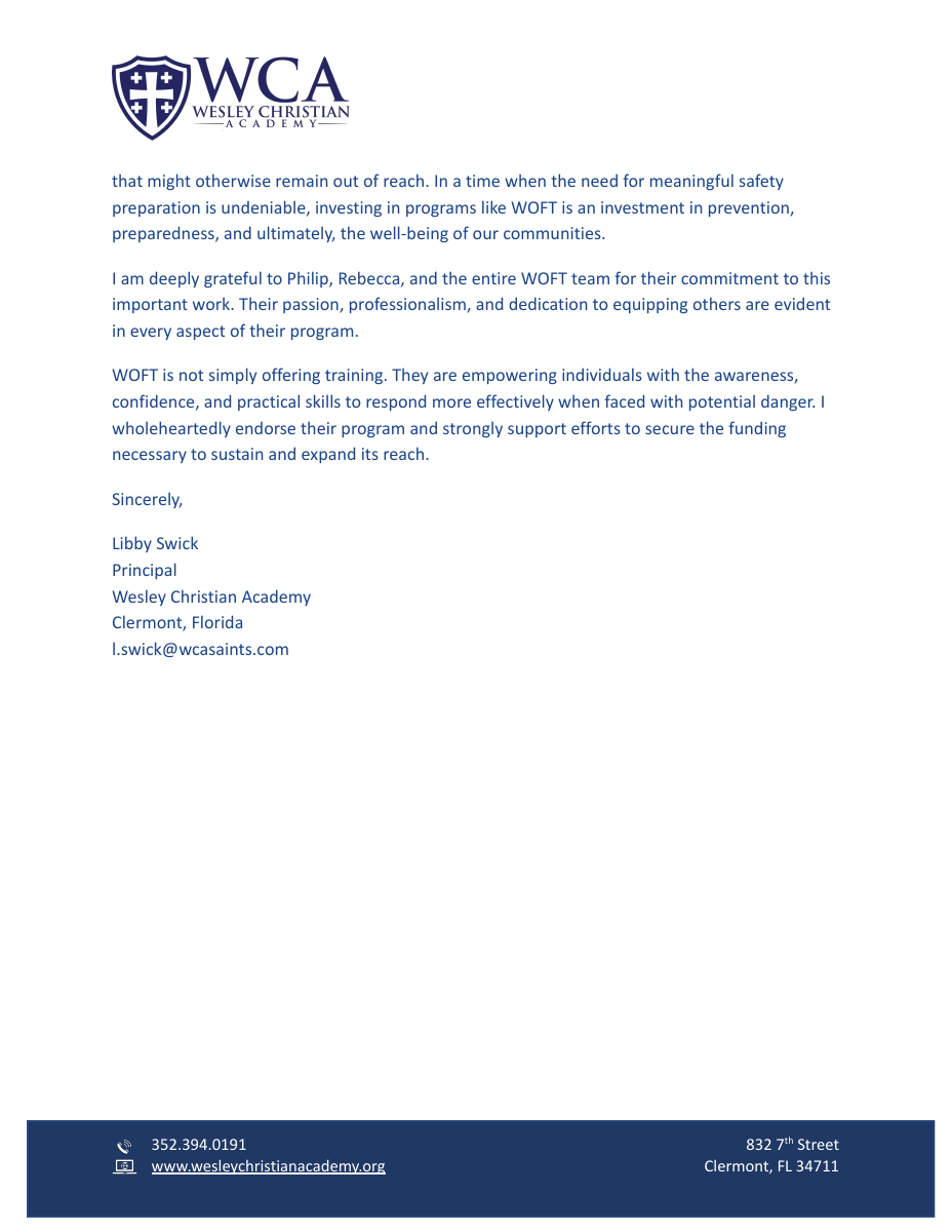 Wesley Christian Academy recommendation letter, page 2 of 2. Use Read the full letter to read or zoom the original PDF.